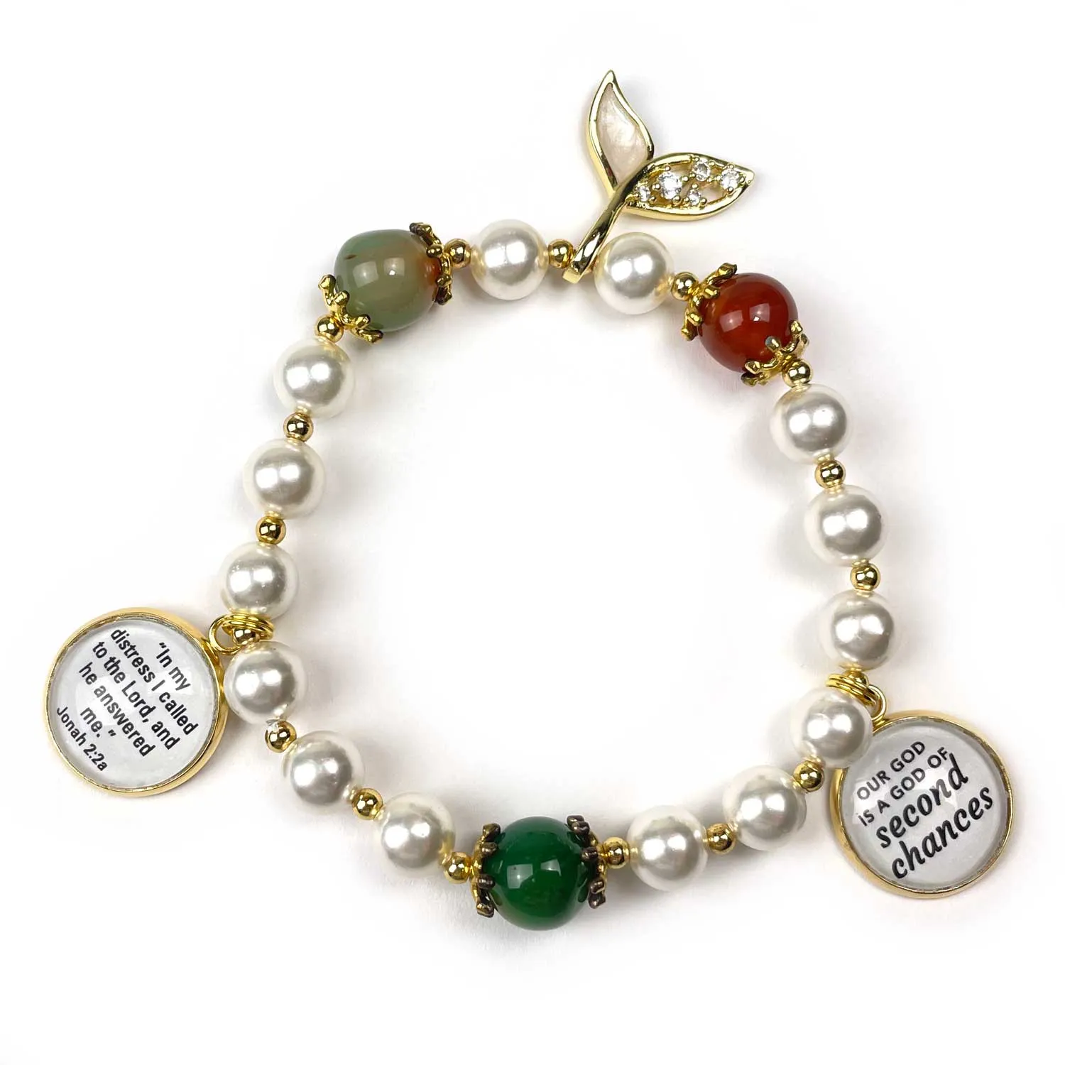 God of Second Chances - Jonah & the Whale Pearl Scripture Charm Beaded Bracelet - Whale Tail, Agate, 18K Gold Plated