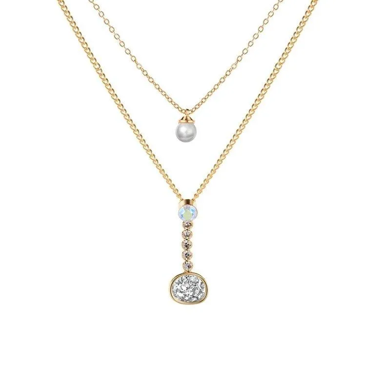 Gold Layered Necklace with Druzy Stone and Cubic Zirconia Pendant for Women