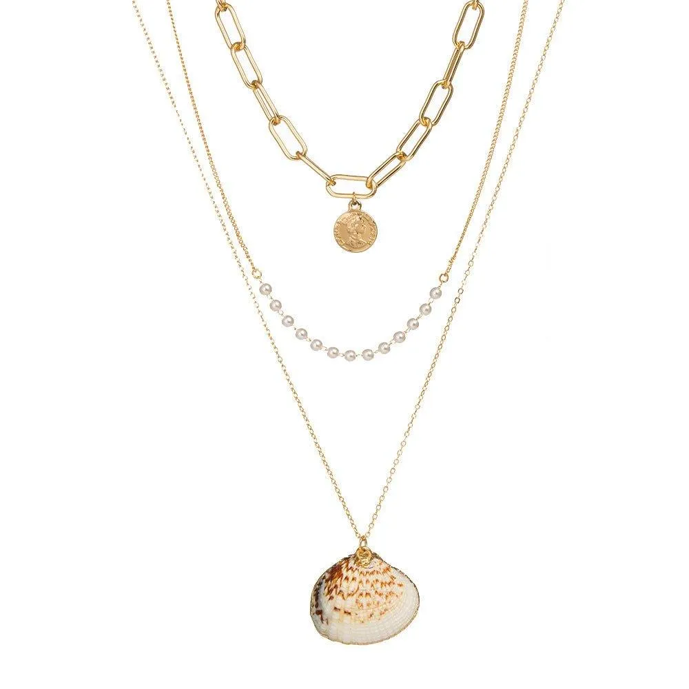 Gold Sea Shell Three Layer Necklace