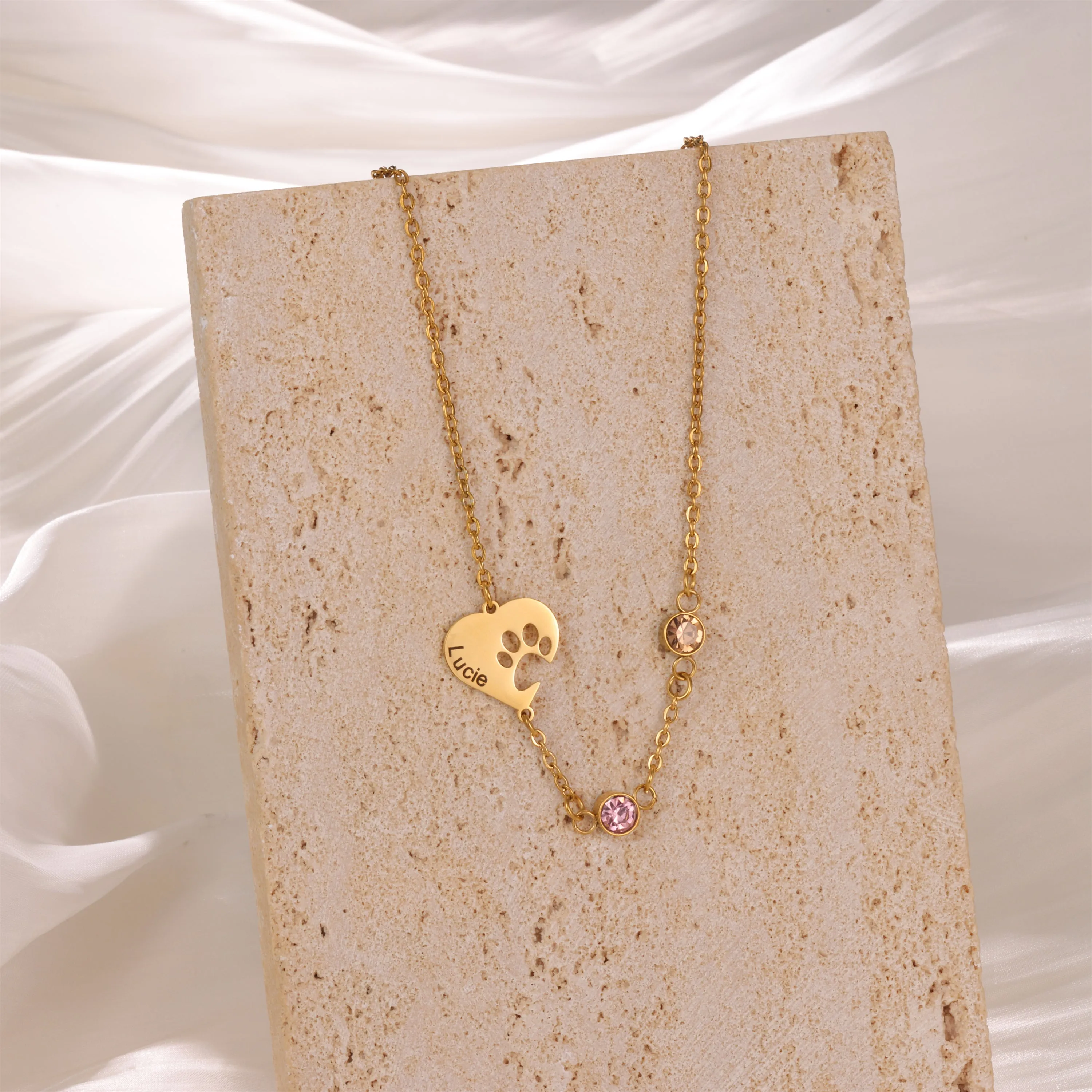 Heart Necklace with Engraved Print and Birthstones