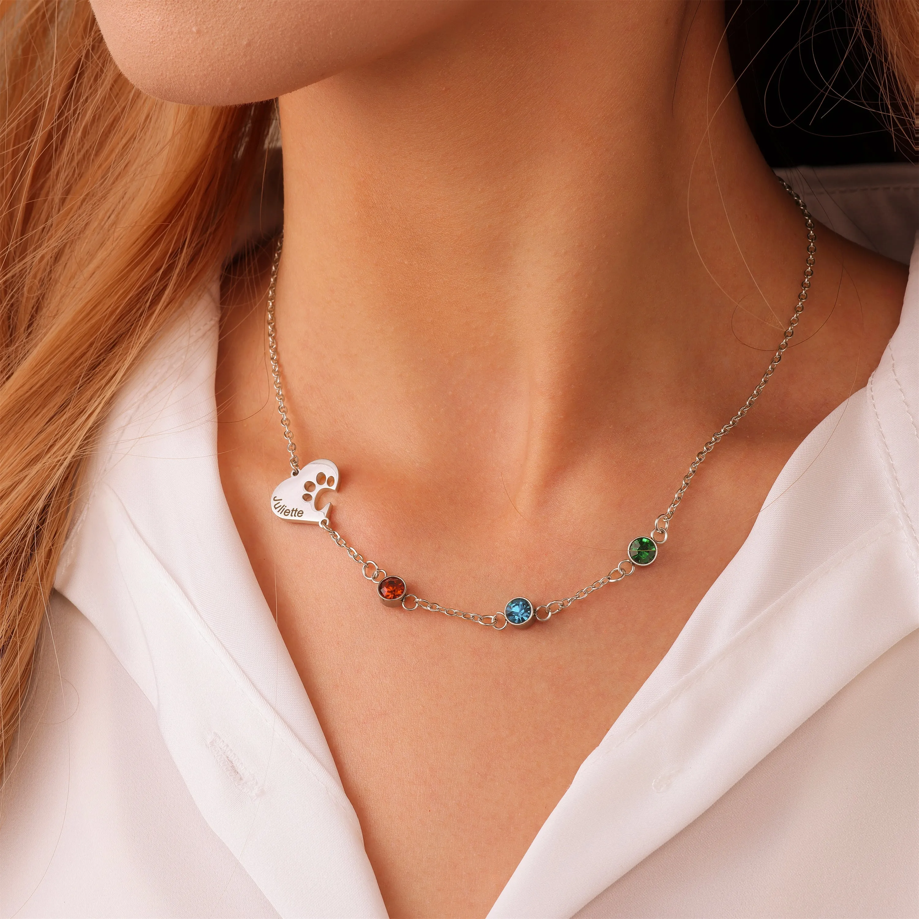 Heart Necklace with Engraved Print and Birthstones