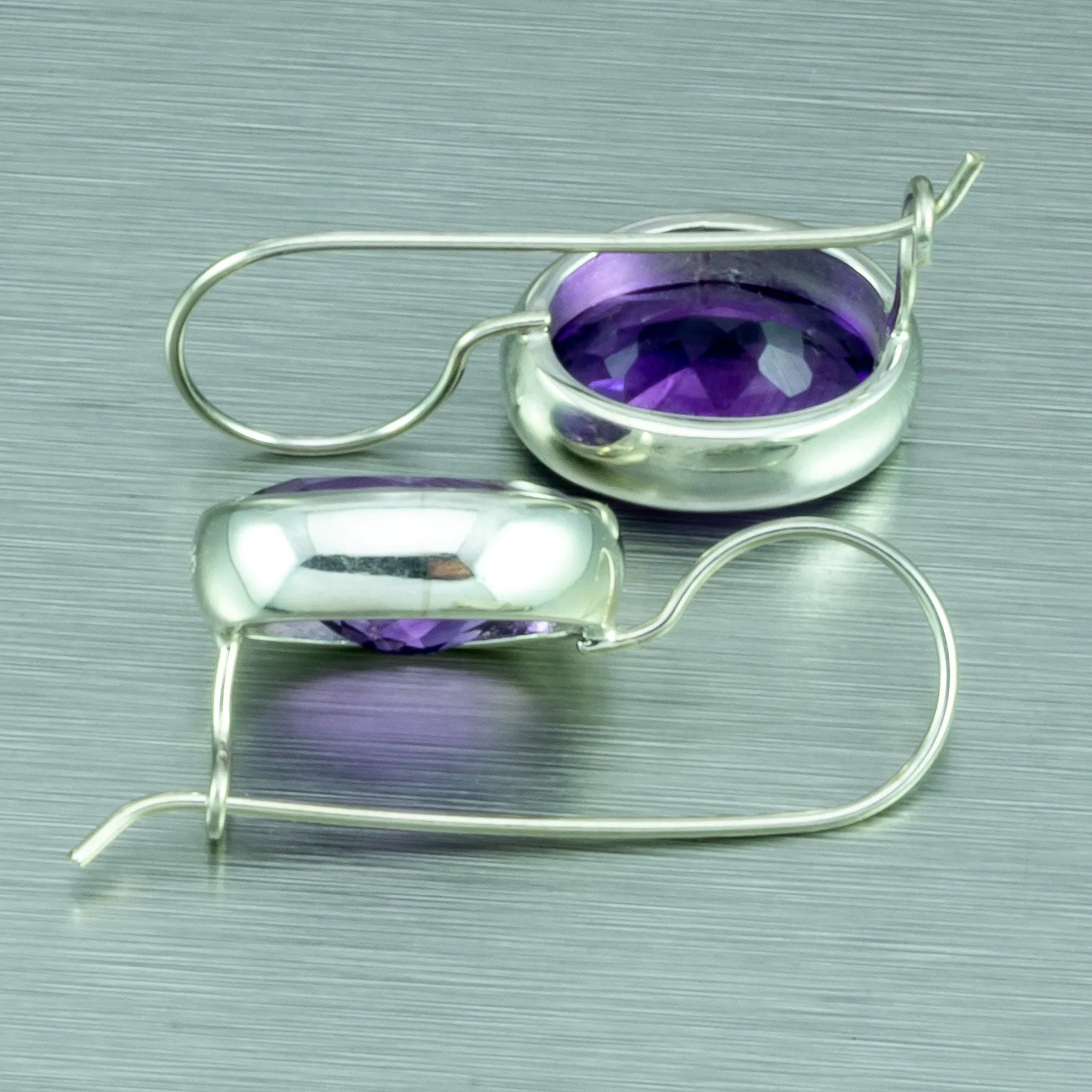 Large Faceted Amethyst Hook-In Earrings. 92.5% Sterling Silver.