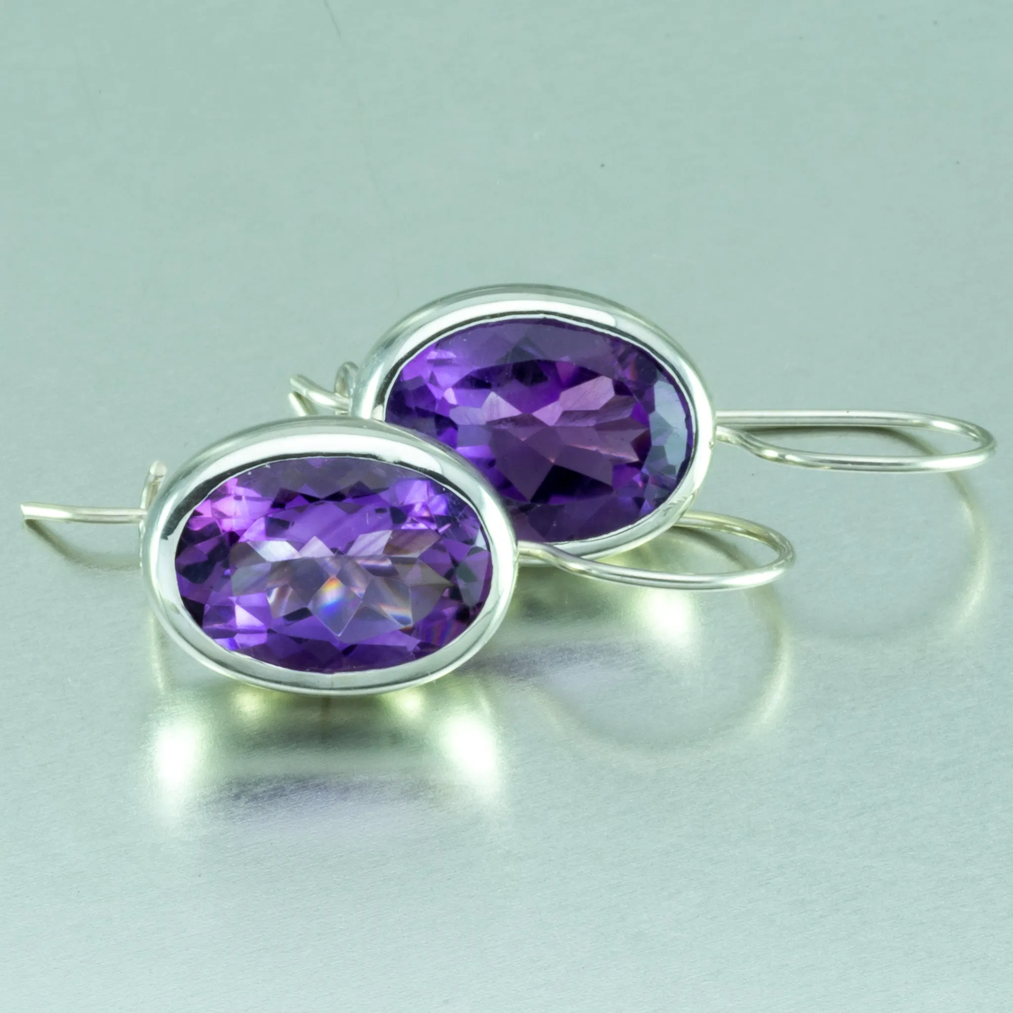 Large Faceted Amethyst Hook-In Earrings. 92.5% Sterling Silver.