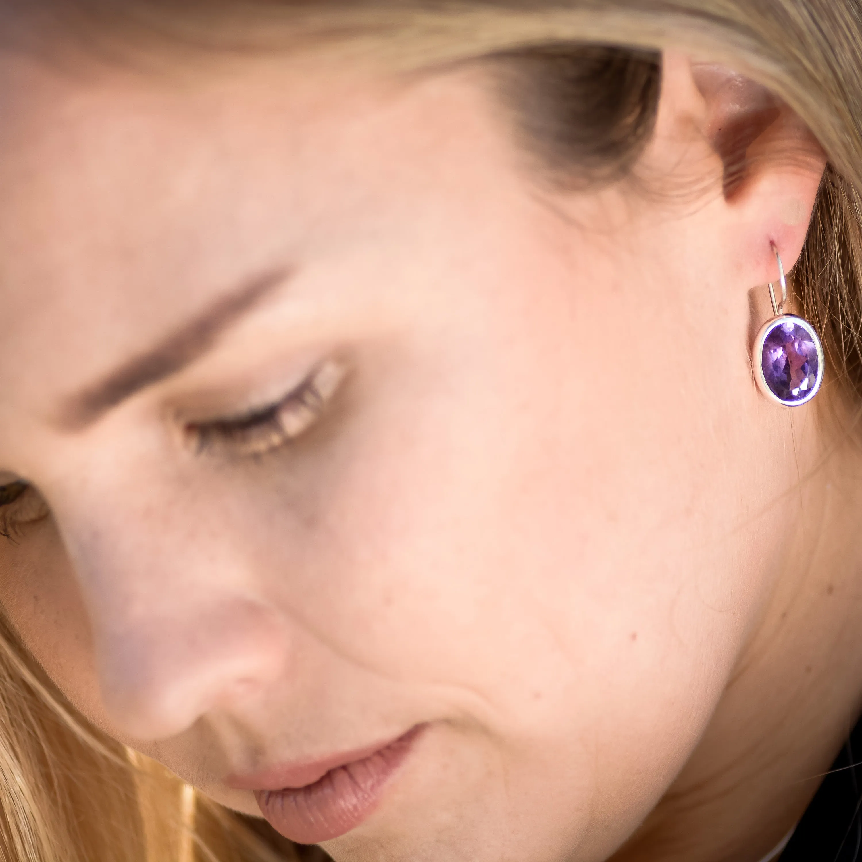 Large Faceted Amethyst Hook-In Earrings. 92.5% Sterling Silver.