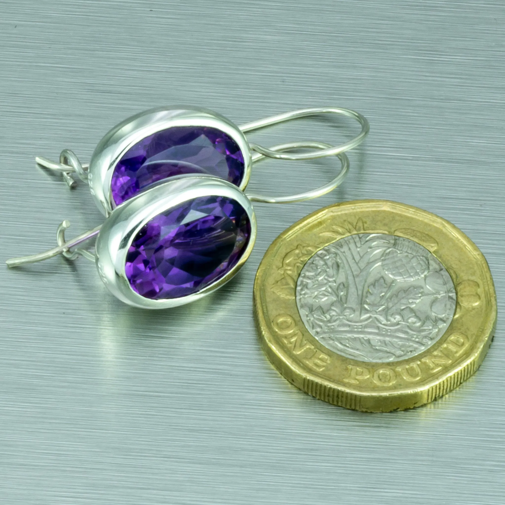 Large Faceted Amethyst Hook-In Earrings. 92.5% Sterling Silver.