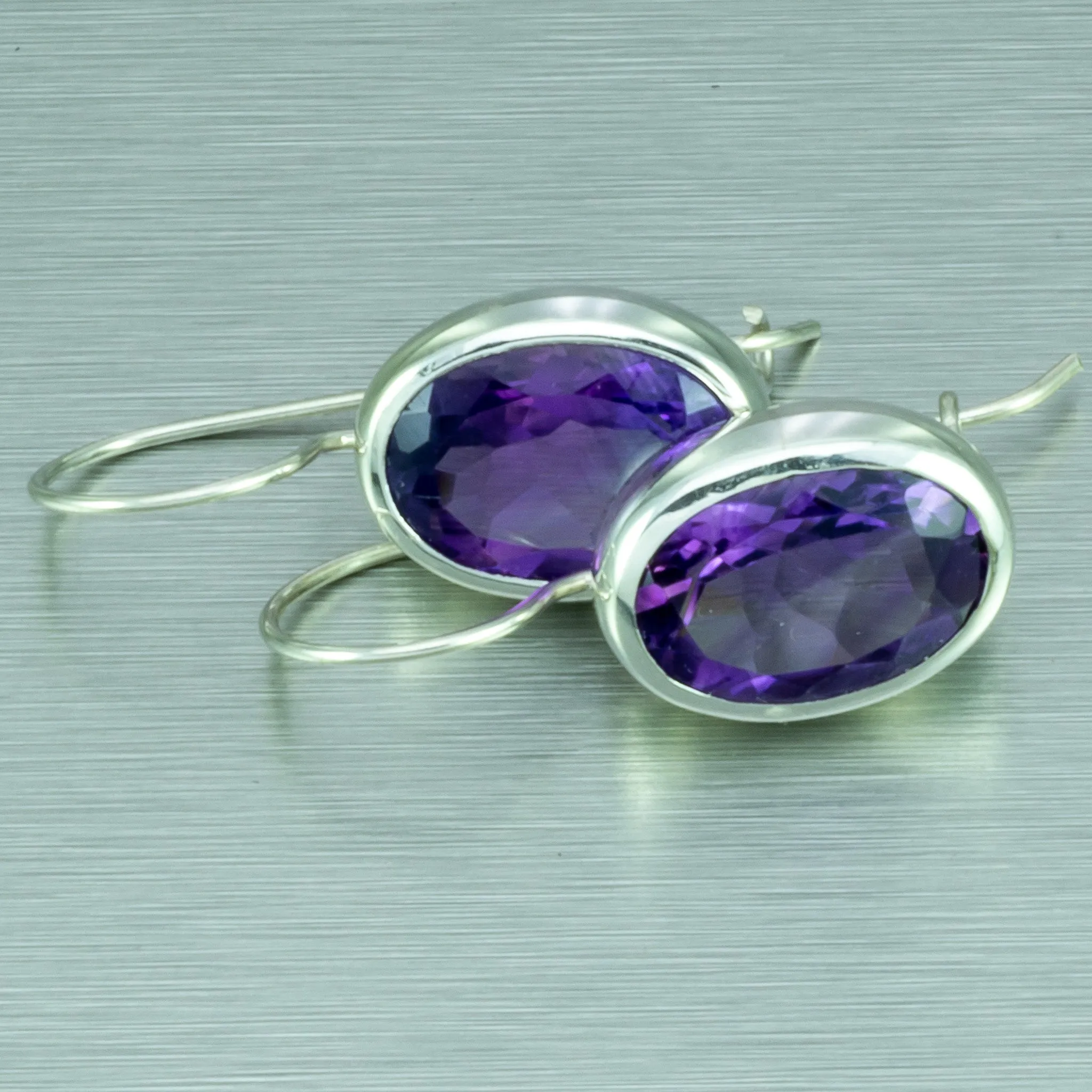 Large Faceted Amethyst Hook-In Earrings. 92.5% Sterling Silver.