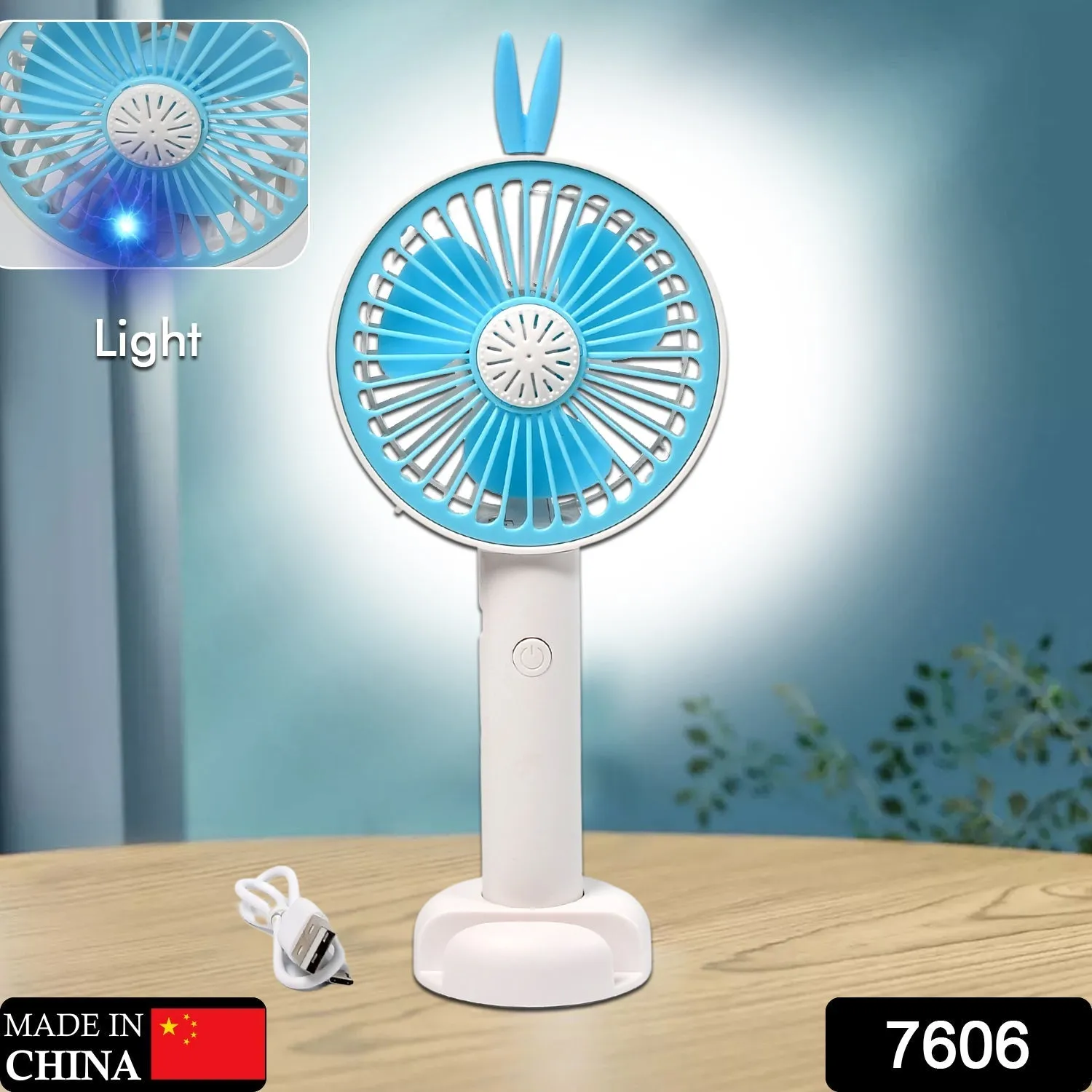 Mini Portable Hand Fan USB Rechargeable Fan With Led Light Fan for Indoor and Outdoor Use by Women and Men Table Standing Stand Included (Battery Not Include)