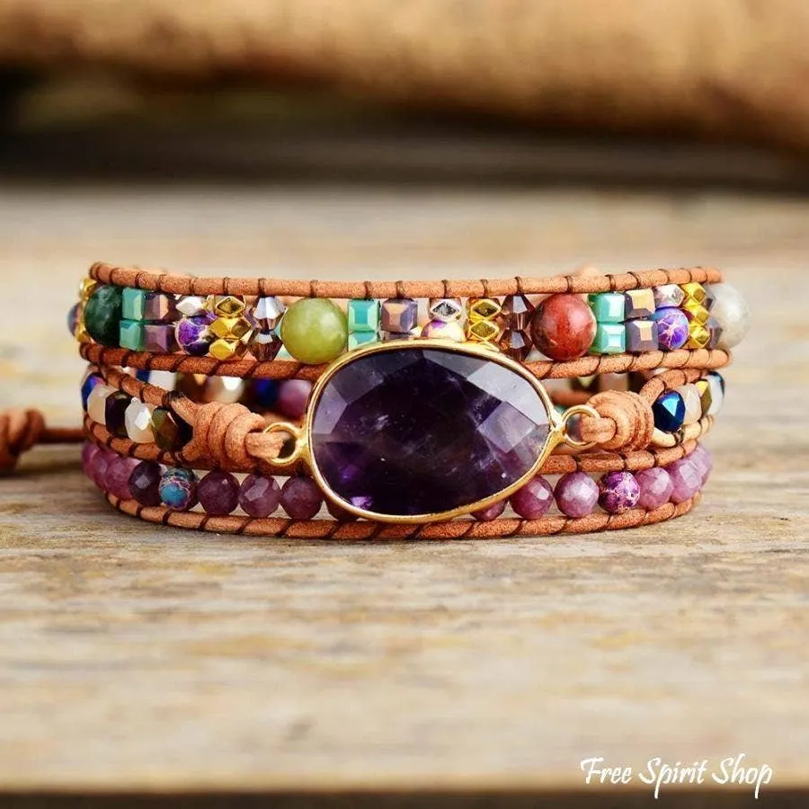 Natural Amethyst & Lepidolite Wrap Bracelet by Free Spirit