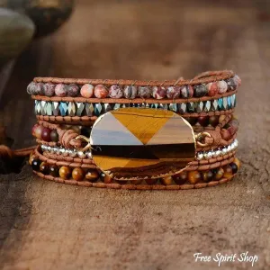 Natural Tiger Eye & Jasper Beaded Wrap Bracelet  by Free Spirit