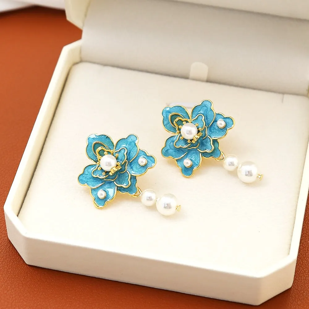 Pre Order:  Blue Flower Dripping Pearl Earrings