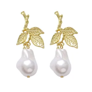 Pre Order:  S925 Silver Needle Vintage Metal Leaf Pearl Earrings