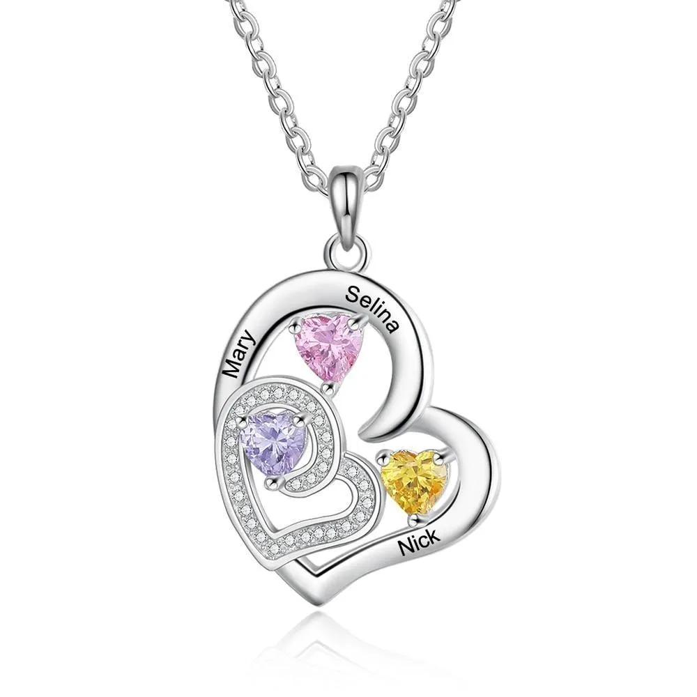 Romantic Custom Name Engraved Heart Pendant Necklace with 3 Birthstones Gift for Her