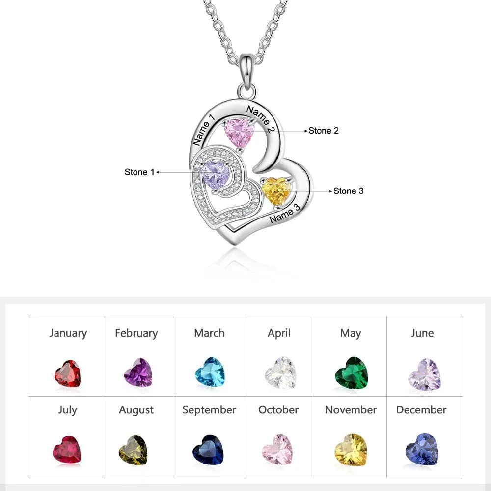 Romantic Custom Name Engraved Heart Pendant Necklace with 3 Birthstones Gift for Her