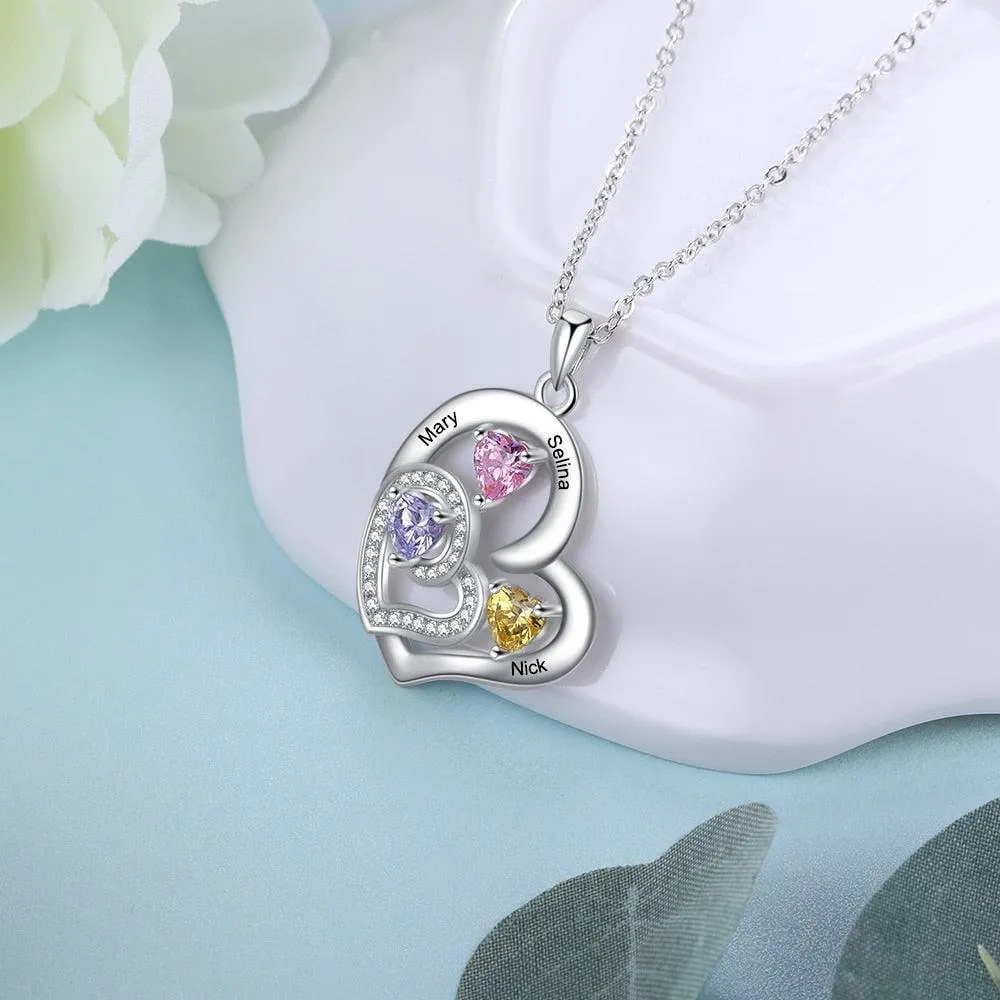 Romantic Custom Name Engraved Heart Pendant Necklace with 3 Birthstones Gift for Her