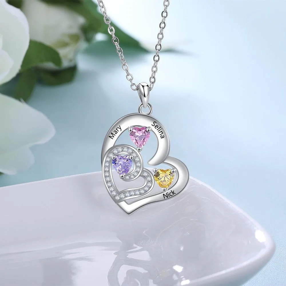 Romantic Custom Name Engraved Heart Pendant Necklace with 3 Birthstones Gift for Her