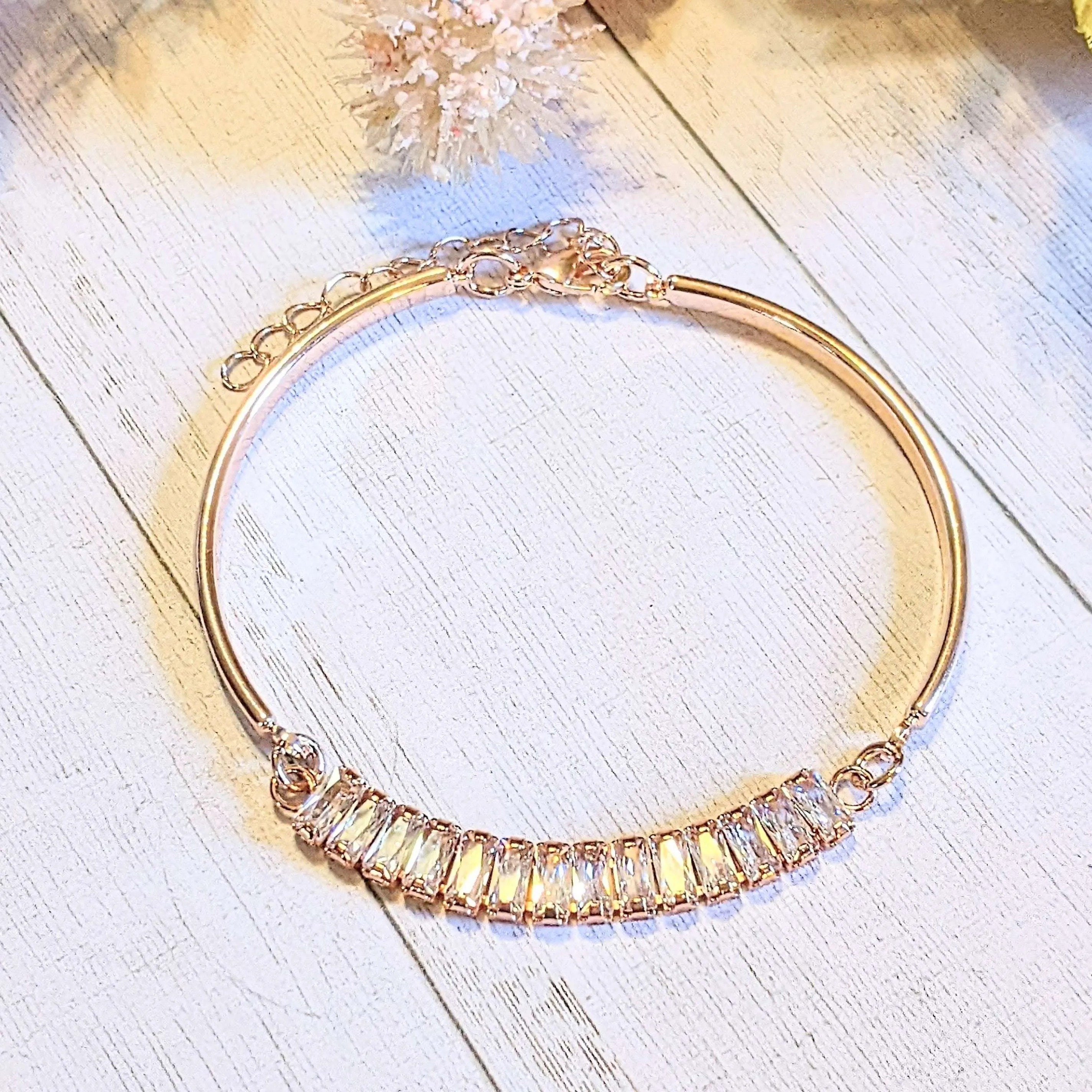 Rose-Gold CZ Baguette Bangle Bracelet, Large