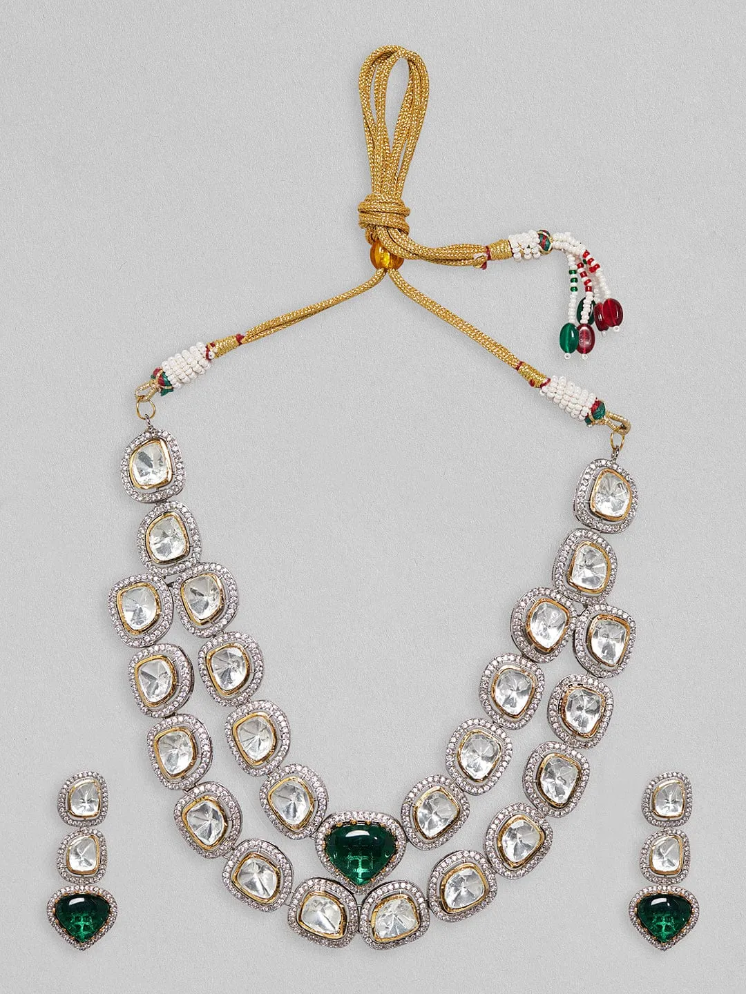 Rubans Dual Tone Polki Layered Necklace Set With Emerald Green Stone.