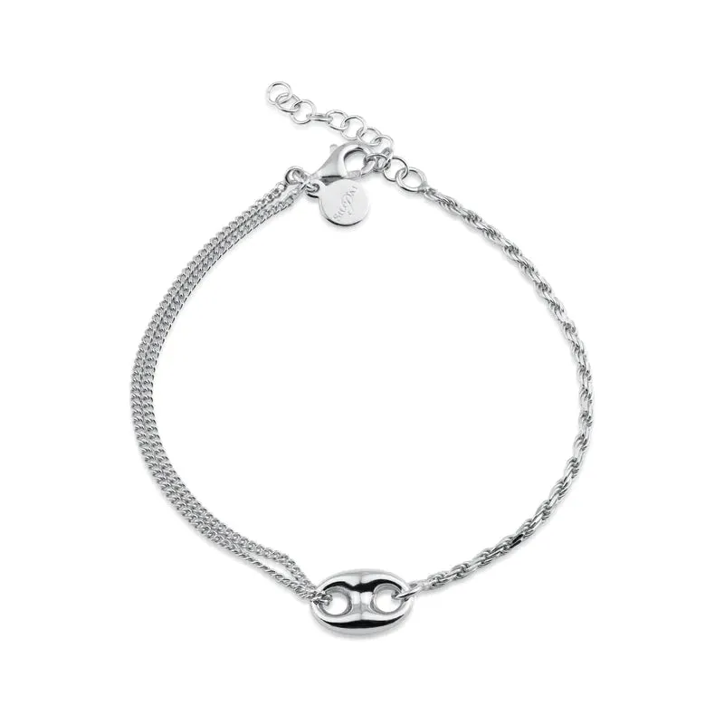 Silver 925 Rhodium Plated Puffed Mariner Charm Double Strand Curb and Rope Adjustable Bracelet