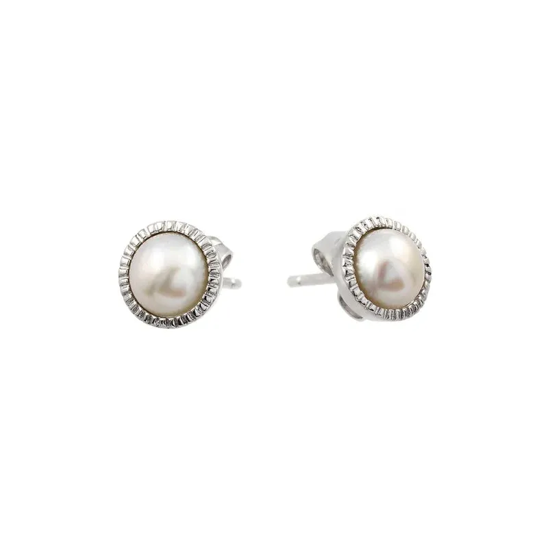 Silver 925 Rhodium Plated Round CZ Inlay Center Fresh Water Pearl Stud Earrings