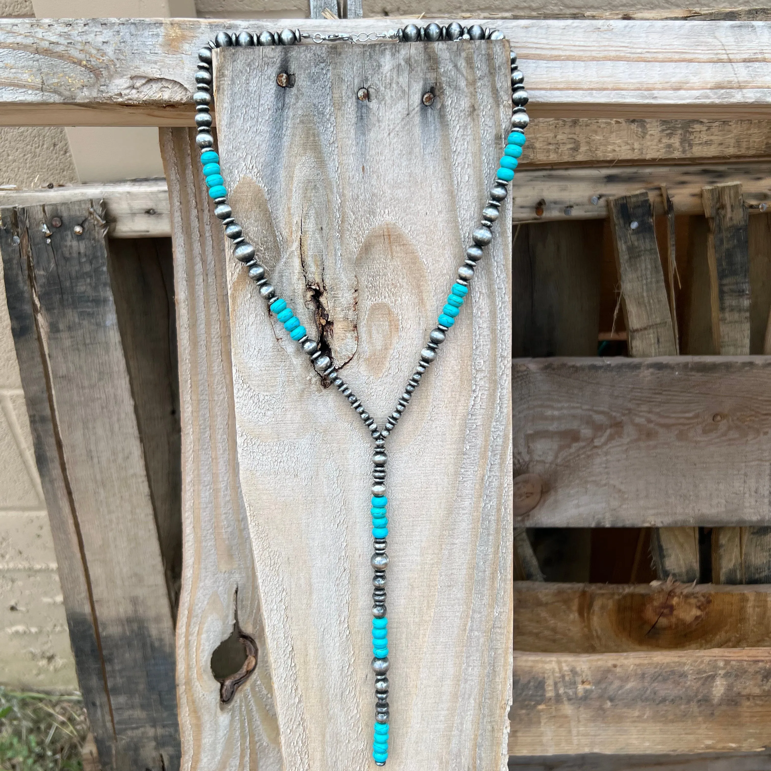 Stacked Turquoise and Silver Pearl Y Lariat Necklace