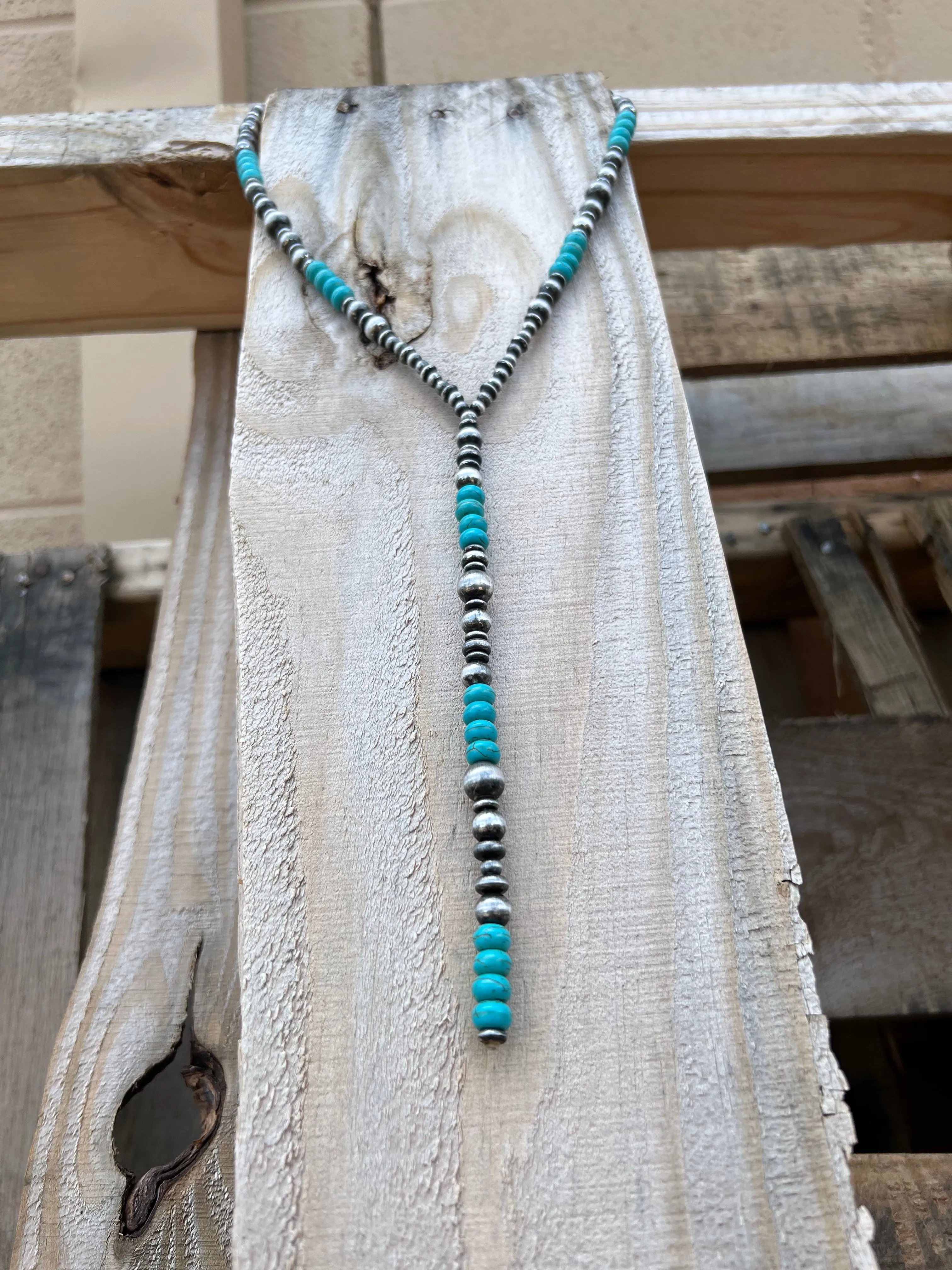 Stacked Turquoise and Silver Pearl Y Lariat Necklace