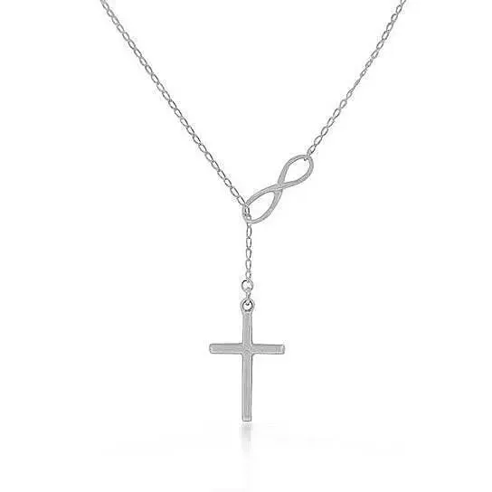 STERLING SILVER INFINITY CROSS LARIAT NECKLACE