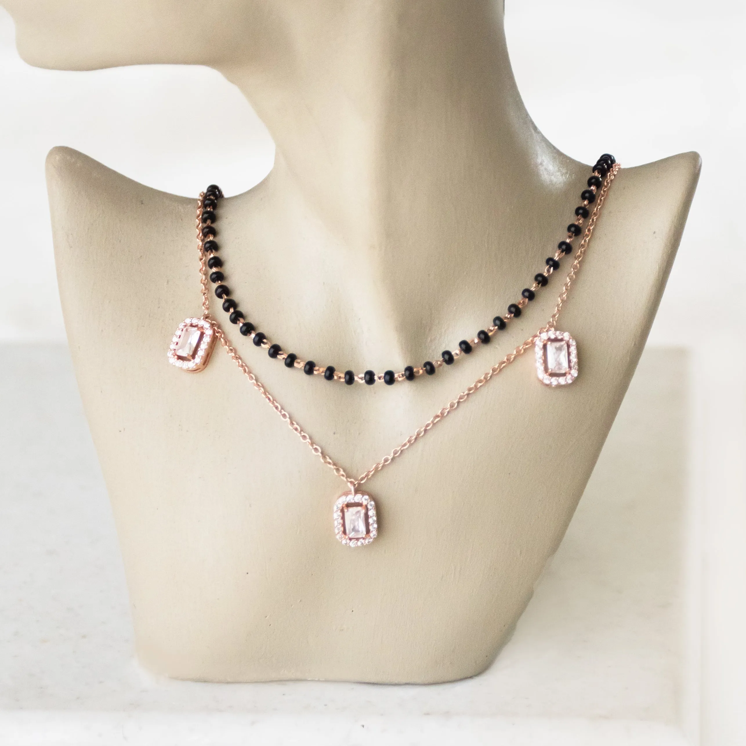 Three Diamond Rectangular Layered Mangalsutra Necklace