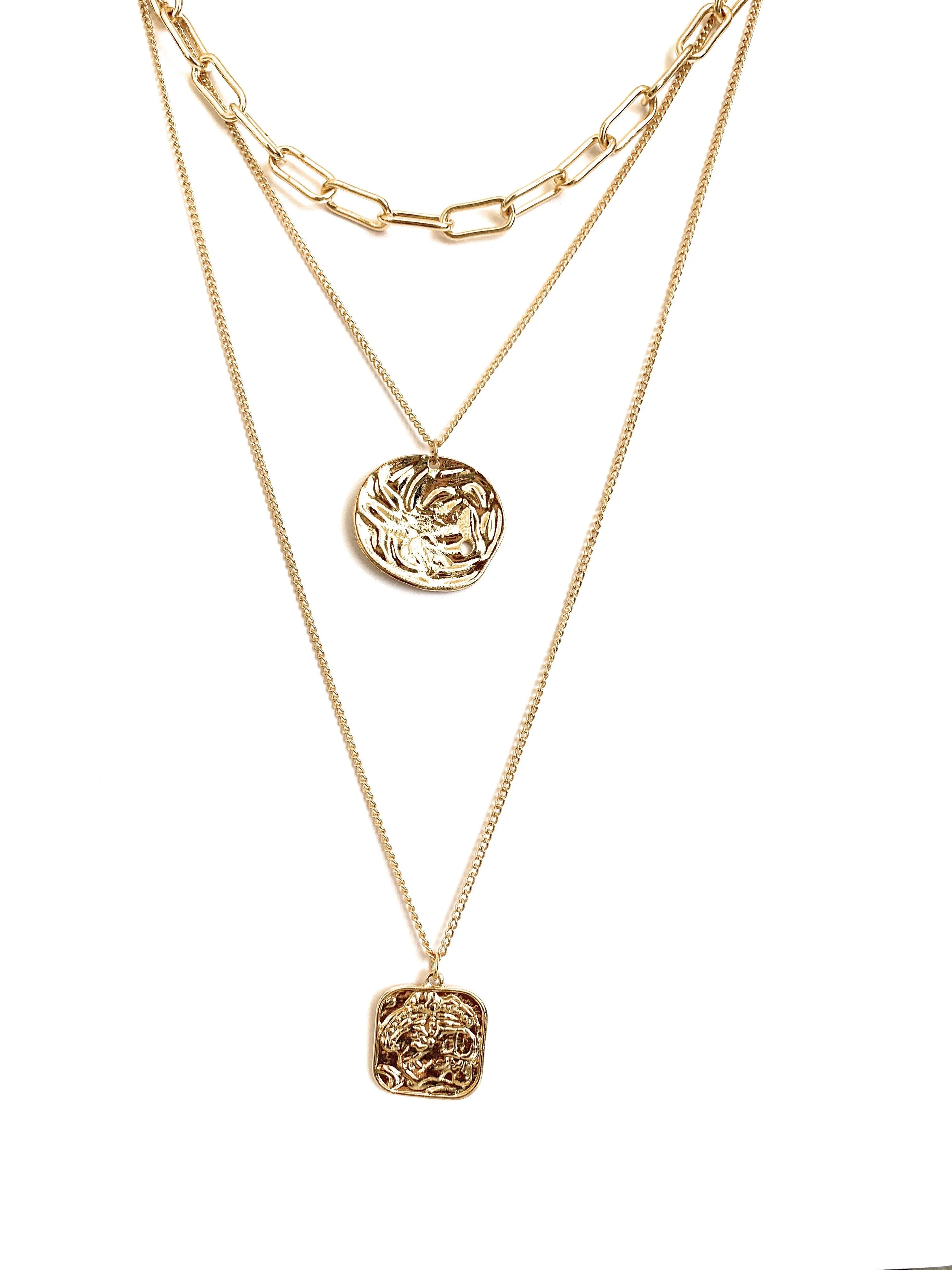 Three Layered Necklace with Gold Coin Pendant