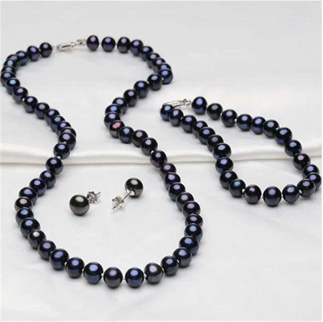 Womens Black Freshwater Pearl Tri Set Necklace, Bracelet and Earrings 8mm AA Grade